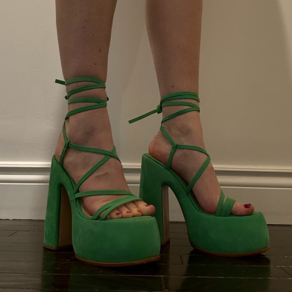 SCHUTZ Lynda Nubuck Gianni Green 70’s Stappy Calf Wrap Sexy Platform Sandals